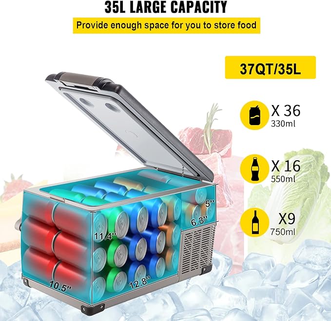 VEVOR Portable Refrigerator 37 Quart(35 Liter),Travel,Car Refrigerator Dual Zone with 12/24v DC & 110-240v AC for Camping, Fishing,12 Volt Refrigerator App Control(-4℉~68℉), Outdoor or Home Use