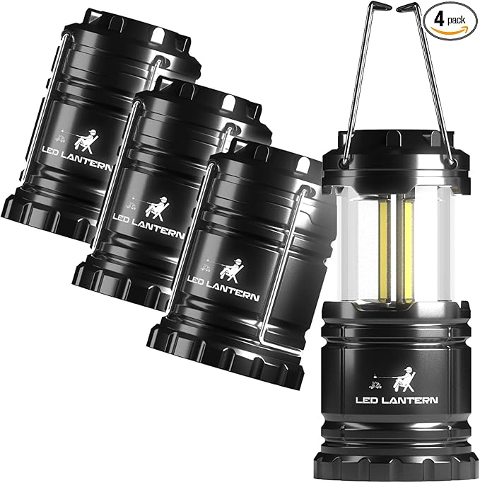 MalloMe LED Camping COB Lantern Flashlights 4 Pack - Super Bright - 240 Lumen Portable Outdoor Lights - AA Batteries Required, Not Included (Black, Collapsible)