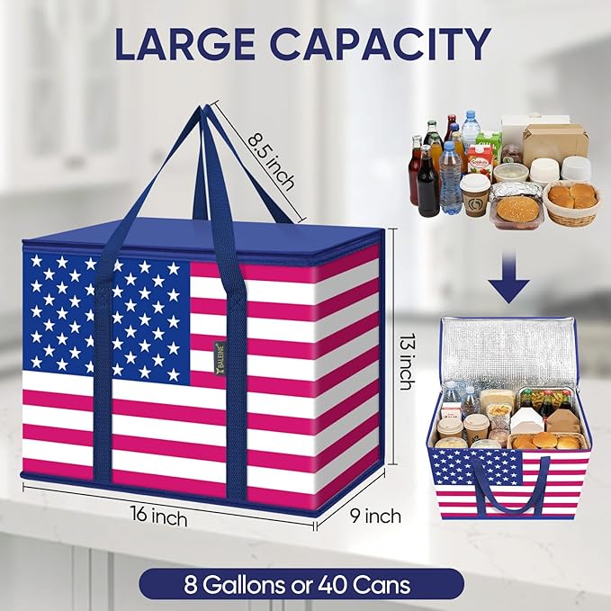 BALEINE 2PK Insulated Reusable Grocery Bags, Collapsible Cooler Bag for Groceries, Heavy Duty Large Insulated Bag (16''x9''x13'', Patroit Celebration)