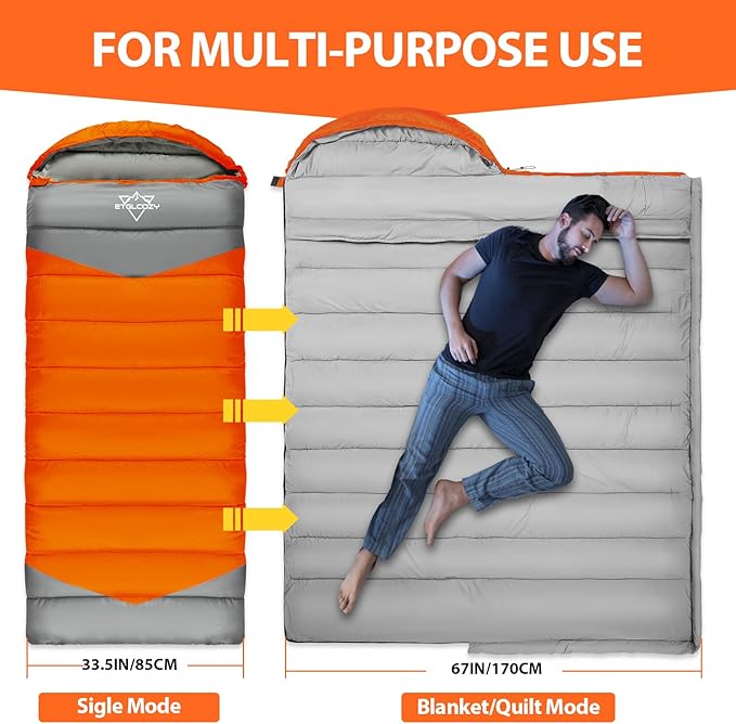 Single Sleeping Bag for Adults Kids 3-Season, Lightweight Waterproof Ripstop, Dual Zipper Bottom Vent, Compression Sack, Portable Camping Hiking Backpacking Gear