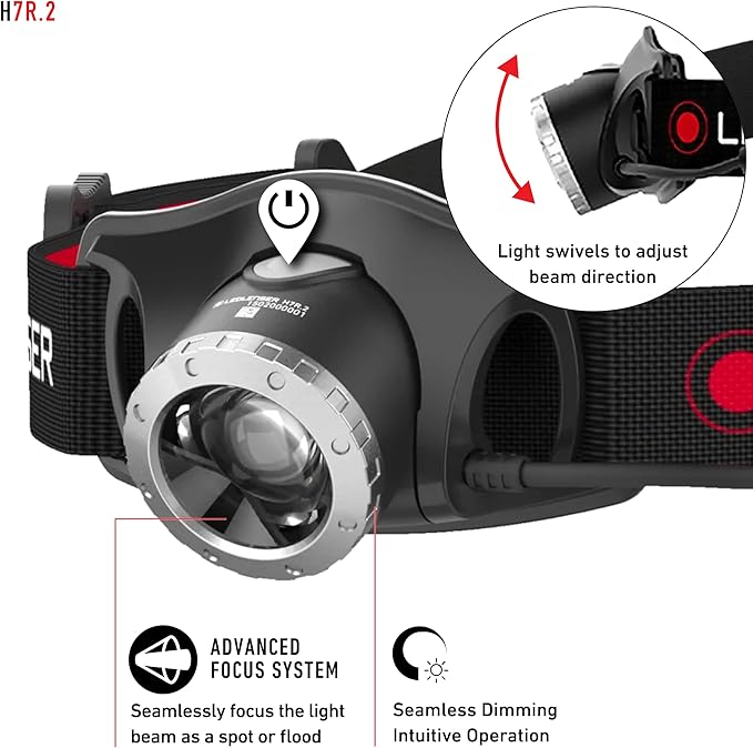 Ledlenser H7R.2 Rechargeable Headlamp - Black - Advanced Focus System & High Power LED Headlamp - Dual Power Source & Head Light LED - 300 Lumens Tactical Helmet Light