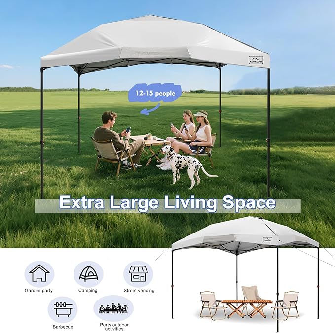 KAMPKEEPER 12x12 Pop Up Canopy Tent,Heavy Duty Outdoor Sun Shade for Events,Camping,Parties - Polygonal Patio Gazebo with Wheeled Bag,4 sandbags(White)