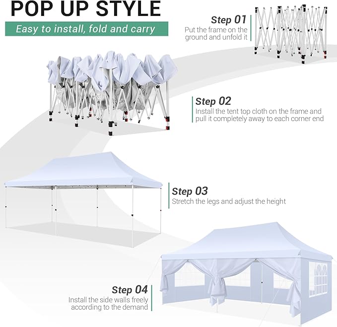 COBIZI Canopy 10x20 Pop Up Canopy Tent with Sidewalls, Waterproof Commercial Canopy Ez Outdoor Instant Gazebo UV Protection 50+ Event Shelter, Garden Tents for Parties with Sandbags, White
