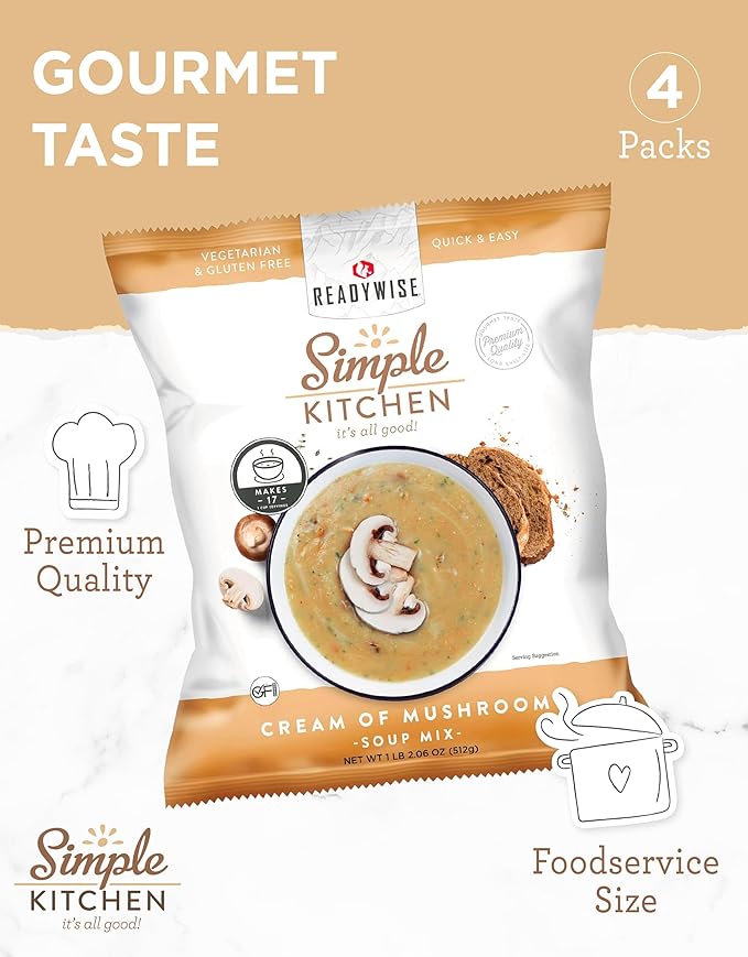 Simple Kitchen Cream of Mushroom Soup Mix - 17 Servings for Meal Prep, Vegetarian, Gluten Free, Dehydrated & Freeze Dried Survival Food for Camping Meals, Backpacking & Hiking, Survival Kit, Pack of 4