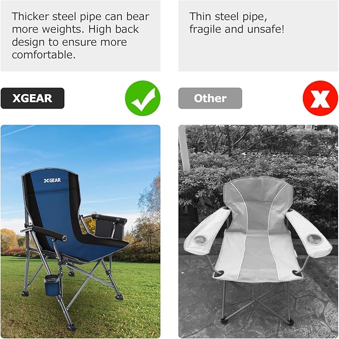 XGEAR Camping Chair with Padded Hard Armrest, Sturdy Folding Camp Chair with Cup Holder, Storage Pockets Carry Bag Included, Support to 400 lbs