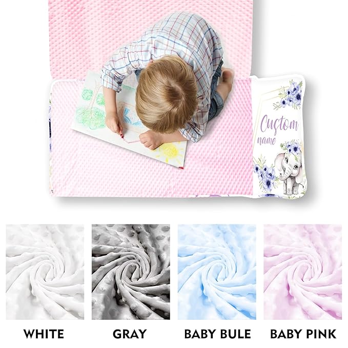 Custom Toddler Nap Mat for Preschool, Personalized Name Kids Sleeping Bag with Purple Elephant for Daycare, Roll Up Sleeping Mat with Removable Pillow and Soft Dot Minky Blanke for Girls Camping