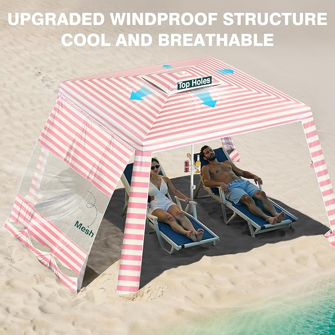 Rhino Valley Beach Cabana, 8 * 8FT Beach Tent UPF50+ Protection, Easy Setup Beach Canopy Wind Resistant with Cup Holder, Compact Beach Shade Foldable Beach Tent Sun Shelter, Pink & White Stripes