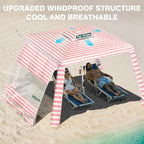 Rhino Valley Beach Cabana, 8 * 8FT Beach Tent UPF50+ Protection, Easy Setup Beach Canopy Wind Resistant with Cup Holder, Compact Beach Shade Foldable Beach Tent Sun Shelter, Pink & White Stripes