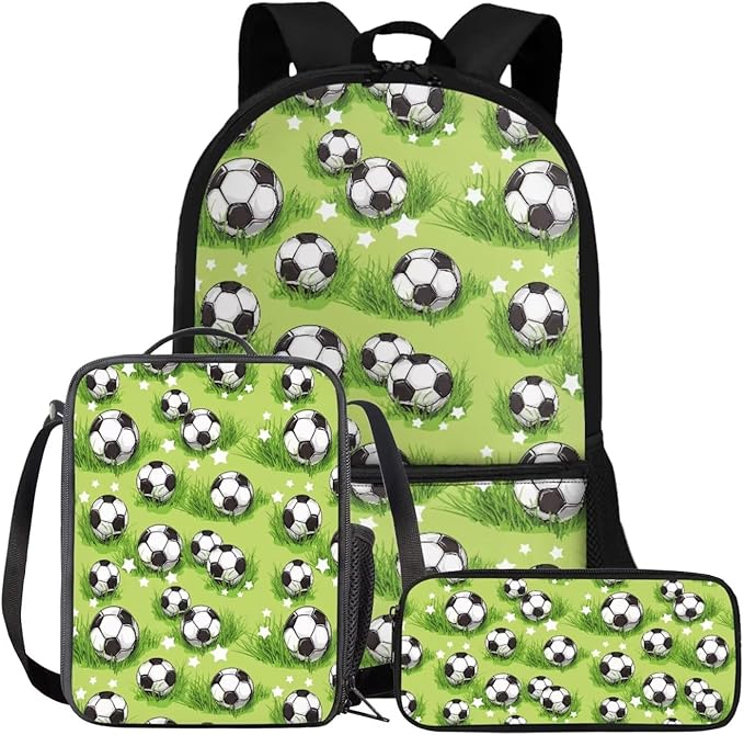 Rnyleeg Grass Soccer Backpack for Boys 5-6 Green Kids Backpack with Lunch Bag Lightweight 3 Pcs School Bag Set for Elementary Students