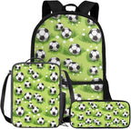 Rnyleeg Grass Soccer Backpack for Boys 5-6 Green Kids Backpack with Lunch Bag Lightweight 3 Pcs School Bag Set for Elementary Students