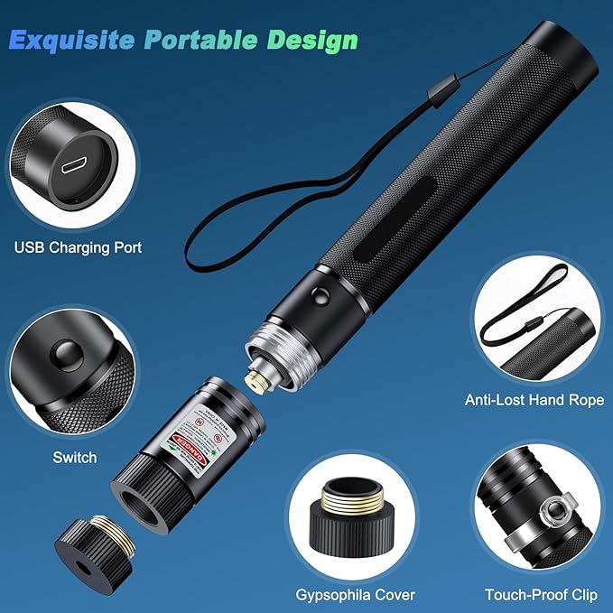 [Professional]USB-C Rechargeable High Power Green Pointer, Long Range with Star Cap&5 Adjustable Modes, Tactical Flashlight for Construction, Astronomy, Outdoor Hunting,Hiking&Camping, Presentations