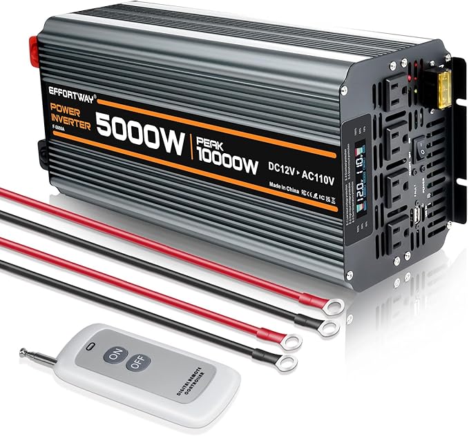 5000 watt Power Inverter DC 12V to AC 110V/120V Converter,10000w Peak.Comes with LCD Display,Wireless Controller, 4AC outlets,1USB.RV Inverter,Suitable for Camping,and Off-Grid Solar Inverter Systems