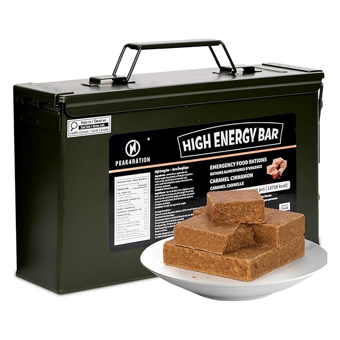 PEAK4RATION High Energy Bar | Compact Compressed Food Bar - Caramel Cinnamon 13728kcal | Long Shelf-Life Emergency Food Ration -12 Day Package 3kg (12x250g Metal Box) | Survival Preparedness Food Bar for Outdoor Camping, Crisis, Earthquake, Wildfire, H...