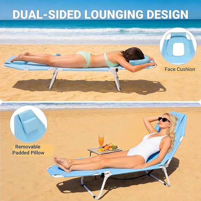 DoCred Heavy Duty Tanning Chair with Face Hole, Adjustable 5-Position Folding Chaise Lounge Chairs for Outside, Portable Lay Flat Beach Lounge Chair for Outdoor Sunbathing Beach Pool Lawn Camping