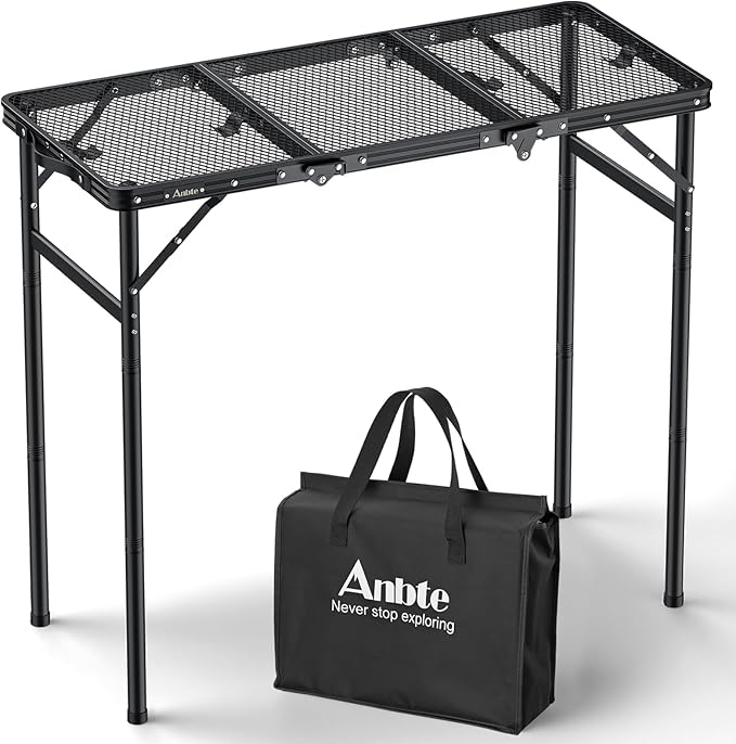Anbte 3ft Tri-fold Grill Table, 2 Adjustable Heights Max 29.5" Sturdy Metal Grill Table with Storage Bag, Heat-Resistant Tabletop, Portable Handle for Cooking BBQ Outdoor Travel, 35" x 16", Black