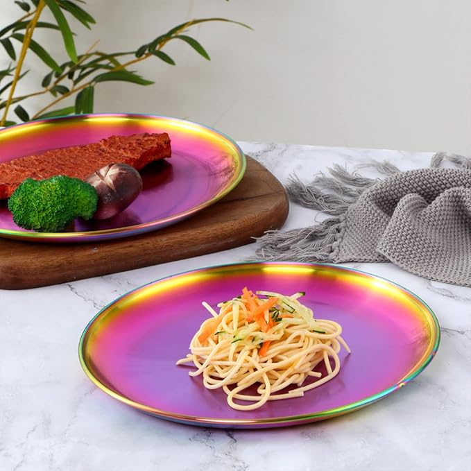 Dinner Plates Set with knife, fork，spoon,Stainless steel tableware，colourful metal dessert salad and steak plate, Services for 4,dinner camping, unbreakable & reusable (11.8inch)