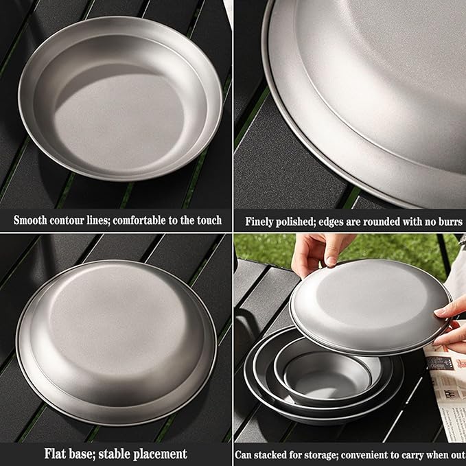 Titanium Shallow Plate - 218mm(8.6") Flat Camping Plate, 100g Lightweight Serving Tray, Ideal for Grilled Food & Breakfast, Stackable Metal Durable Dish RT028T
