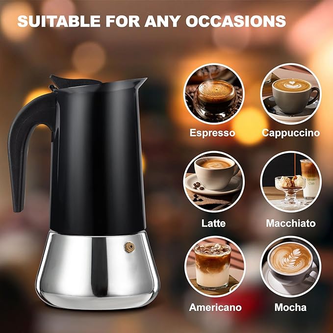 2 Cup Stovetop Espresso Maker Stainless Steel Moka Pot Stove Top Percolator Italian Coffee Makers Capable Mocha Greca Machine Cafe Classic Induction Cookers for Home and Camping 100ml 3.3oz