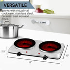 OVENTE Countertop Infrared Double Burner, 1500W Electric Hot Plate and Portable Stove with 7.5” Ceramic Glass Cooktop, 6 Level Temperature Setting and Easy to Clean Base, Silver BGI202S