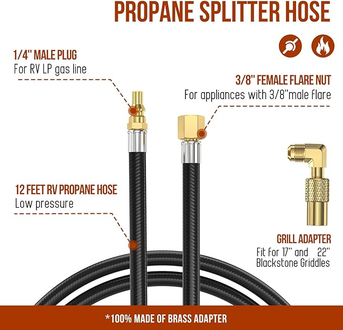 12 FT RV 1/4'' Quick Connect Propane Hose,3/8 Female Flare Nut for Camp Chef Explorer, Fire Bowl Camping Stove Grill Fire Pit Heater,with Elbow Adapter for Blackstone Griddle 17"/22"