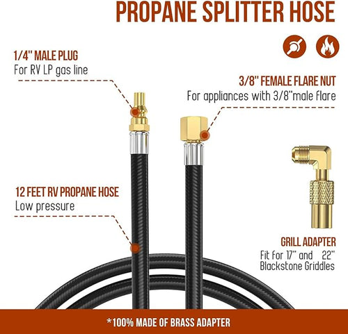 12 FT RV 1/4'' Quick Connect Propane Hose,3/8 Female Flare Nut for Camp Chef Explorer, Fire Bowl Camping Stove Grill Fire Pit Heater,with Elbow Adapter for Blackstone Griddle 17"/22"