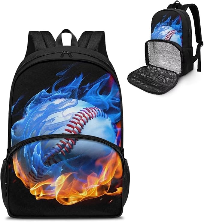 17 Inch Men Women Kids Casual Backpacks with Insulated Cooler Lunch Compartment Lightweight Students Knapsack Middle High School Bookbag Work Hiking Daypack, Fire Flame Softball