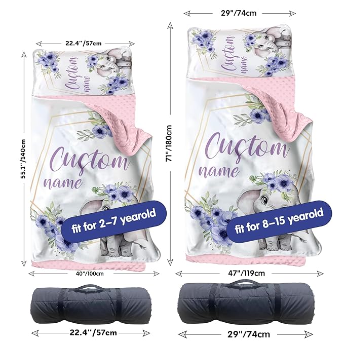 Custom Toddler Nap Mat for Preschool, Personalized Name Kids Sleeping Bag with Purple Elephant for Daycare, Roll Up Sleeping Mat with Removable Pillow and Soft Dot Minky Blanke for Girls Camping