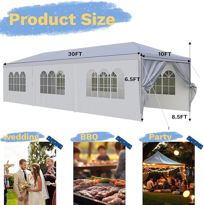 Flamaker 10'x30' Heavy Duty Waterproof Party Tent – Large Outdoor Gazebo with Removable Sidewalls & 2 Doors for Weddings, Markets & Gatherings (White)