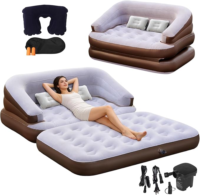 Full Size Inflatable Sofa Bed with Air Pump,2-in-1 Blow-Up Couch and Folding Air Mattress Bed for Home,Camping,and Guests