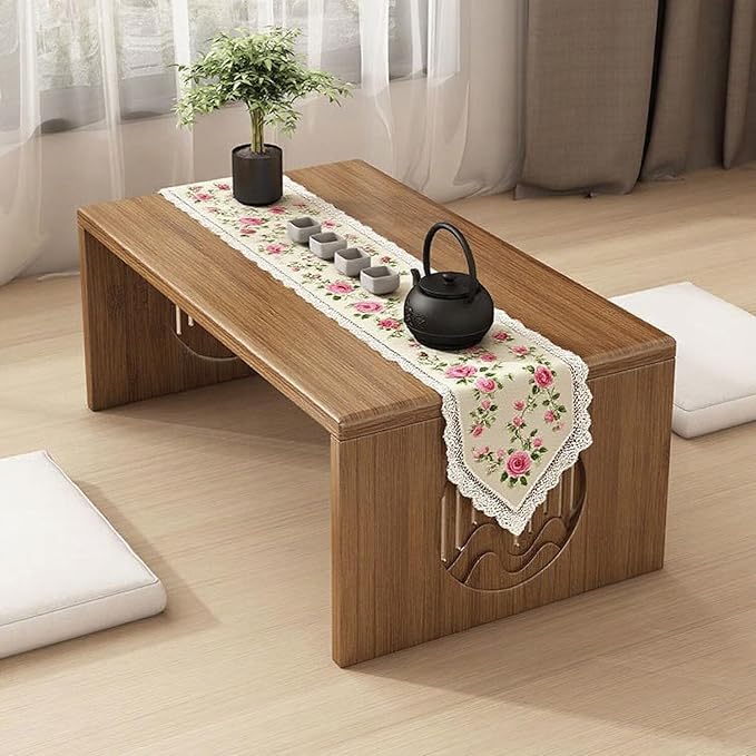 Japanese Folding Coffee Table, Foldable Low Coffee Tables, Bamboo Floor Table Desk for Sitting on The Floor, No Assembly, Portable Living Coffee Table (31.5Inch)