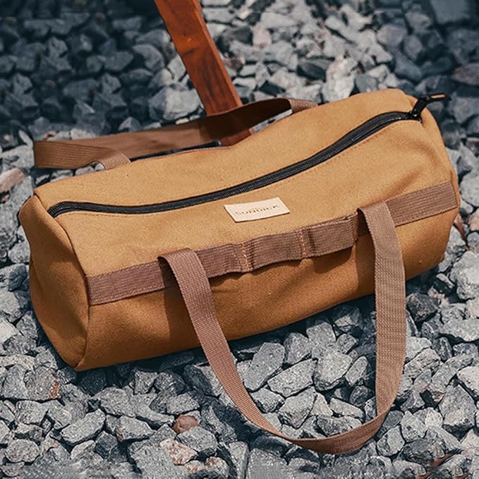 TBACW Canvas Tool Storage Bag with Zipper - Organizer for Tools, Tent Stakes & Poles, Durable Fabric Utility Pouch for Outdoor Hunting Hiking Camping Gear (Khaki)