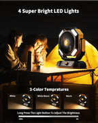 coldSky 𝟰𝟬𝟬𝟬𝟬𝗺𝗔𝗵 Camping Fan, Battery Operated with 4 LED Light, 8 Speeds DeskFan with Remote, Portable Rechargeable Outdoor Fan with Hook for Tent, Power Outages Yellow