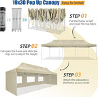 HOTEEL 10x30 Pop up Canopy Tent for Parties, Heavy Duty Easy Setup Tent with 5 Sidewalls, Outdoor Commercial Instant Gazebo for Wedding Event, with Roller Bag & Sand Bags, Khaki(Hexagonal Frame)