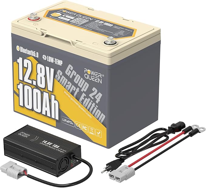 Power Queen Bluetooth 12V 100Ah LiFePO4 Battery with 14.6V10A LiFePO4 Battery Charger, Group 24 Deep Cycle Battery, 100A BMS with Low-Temp Cut-Off Protection for RV, Trolling Motors, Solar System
