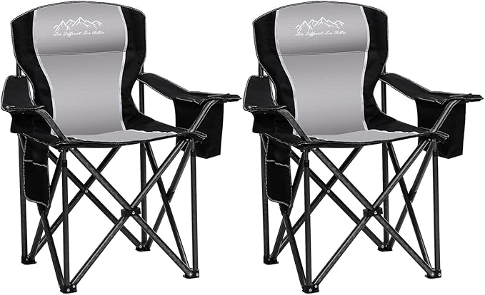 2PCS Folding Camping Chair, Heavy Duty Portable Lawn Chairs with Cooler Bag, Side Pocket & Cup Holder, Folding Chairs for Outside Support 450lbs Black