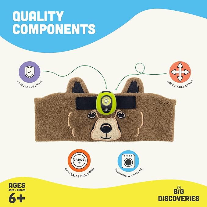 Big Discoveries WildLight Headband Headlamp - Fleece Headband with Bright LED Head Lamp for Kids | Fun Toy Headlight for Boys, Girls, or Adults | Headlamps for Camping, Hiking, Party, or Reading