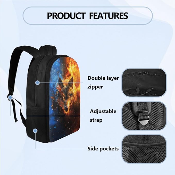Wolf Backpack for School Boys Back to School, 4th Grade Boys Backpack 4 Piece Set Lunch Box Lightweight Pencil Case Water Bottle Holder Bookbag Accessories Sets