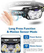 2000LM Ultra Bright 9 LED Headlamp, USB C Rechargeable Headlight, 10 Modes, Waterproof Motion Sensor Head Lamp Flashlight with White Red Light, Adjustable Headband for Adults Outdoor Hiking