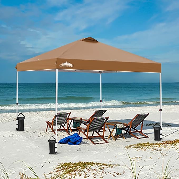 EAGLE PEAK Pop Up Canopy Tent with Wheeled Carry Bag, 8 Stakes, 4 Ropes, 4 Weight Bags, Easy Set Up Tent Canopy, 10x10 ft, 100sqft of Shade, Khaki