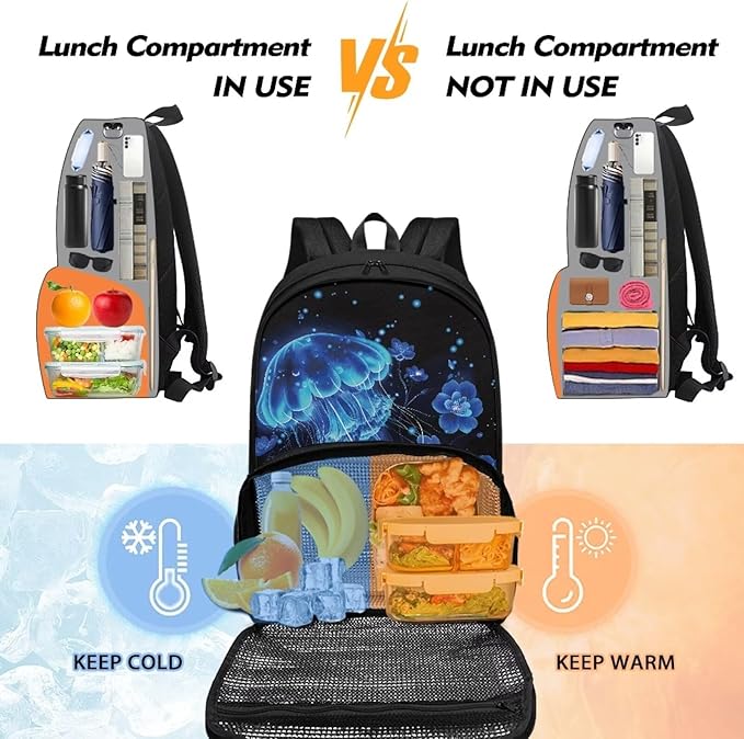 17in Laptop Backpack with Insulated Cooler Lunch Compartment, Extra Large Travel Business Work Computer Backpacks Purse College Bag, Casual Hiking Meal Backpack, Blue Jellyfish Flower