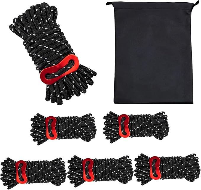 Outdoor Tent Guy Lines, Lightweight Camping Ropes with Aluminum Tensioners and Storage Pouch, Ideal for Tents, Tarps, Canopies, Camping, Hiking and Backpacking（6-Pack | Black）