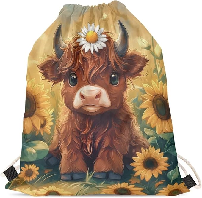 Upetstory Highland Cow Drawstring Backpack String Sports Bags Cinch Sackpack Training Gymsack Travel Beach Storage Pouch for Outdoor Hiking Cycling Running Holiday Outift