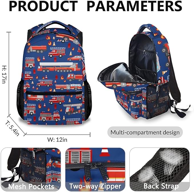 Fire Truck Backpack with Lunch Box Set for Boys, 3 in 1 Kids School Backpacks Matching Combo for Toddler Boy, Durable Truck Patterns Bookbag and Pencil Pouch Bundle for Preschool Elementary