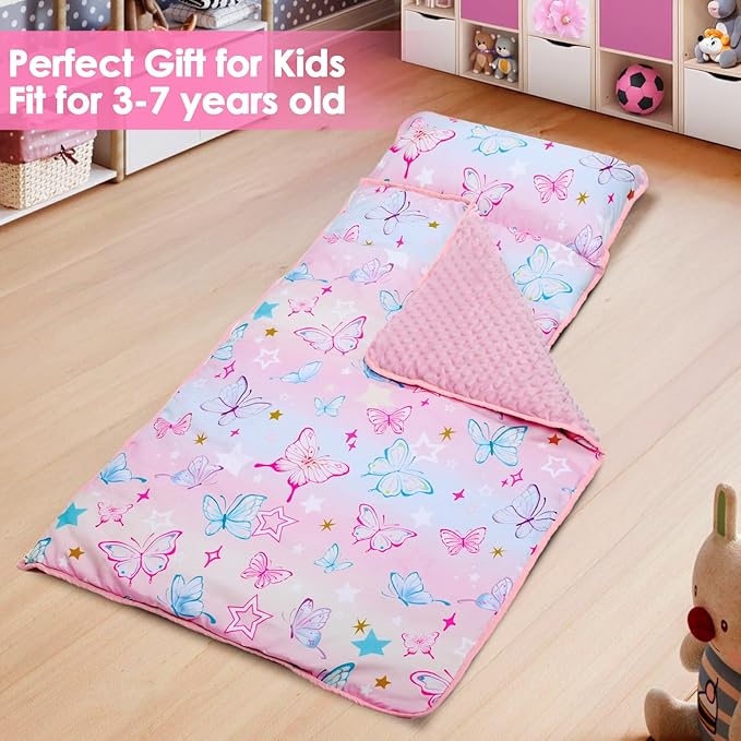 Kids Nap Mat Portable Slumber Bags with Removable Pillow and Blanket for Girls Boys, Lightweight Extra Large Sleeping Bag for Preschool Camping Daycare