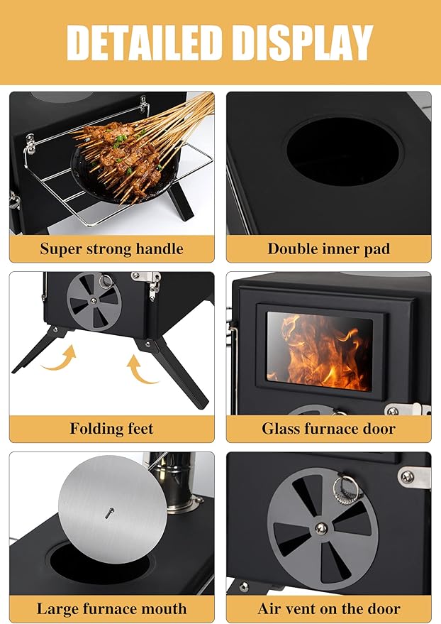 Camping Stove for Hot Tents, LAMA 304 Stainless Steel Wood Burning Stove with Stainless Wall Chimney Pipes for Tents, Shelter, Outdoor Portable Stove for Camping Heating and Cooking