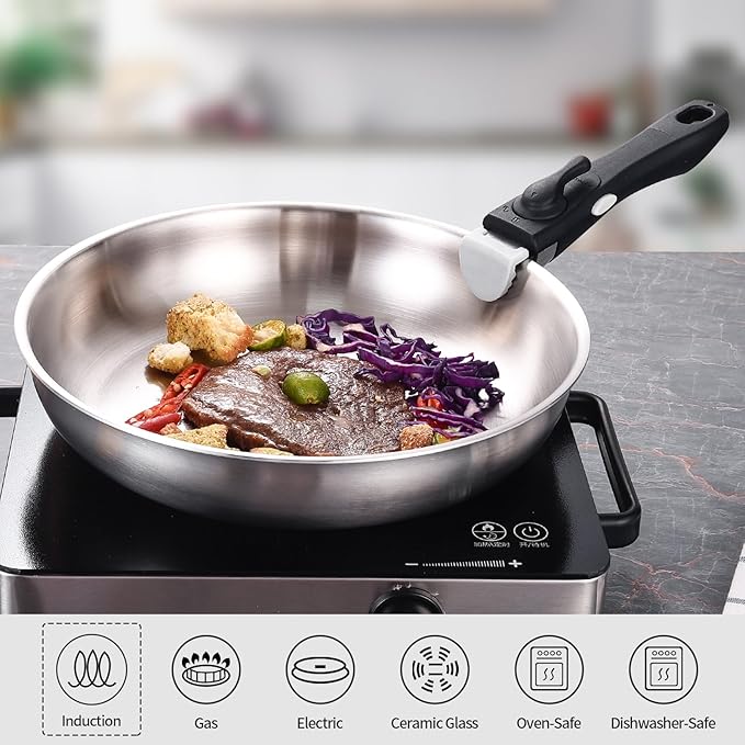 Inqibee Tri-Ply Stainless Steel Cookware Set with Removable Handle, Detachable Handle 8.5-11 Inch Frying Pan Set, Induction Kitchen Cooking Set for Home & RV Cooking, Dishwasher and Oven Safe
