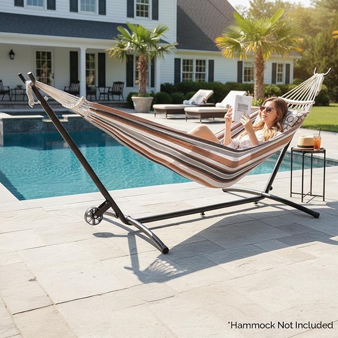 ONCLOUD 9 FT Hammock Stand Only, Heavy Duty Adjustable Indoor Outdoor Space Saving Steel Stand with Carrying Case, Universal Hammock Stand with 450 Pounds Capacity for Garden (Black w/Wheel)