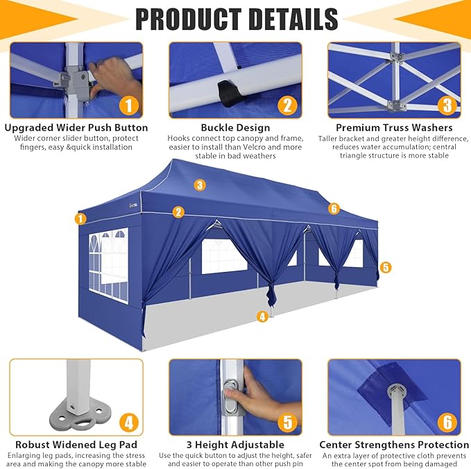 HOTEEL 10x30 Heavy Duty Pop Up Canopy Tent with Sidewalls, Tents for Parties Commercial Party Tent Event Wedding Instant Canopy Waterproof with Carry Bag, UV 50+, Thicked Hexagonal Legs, Deep Blue