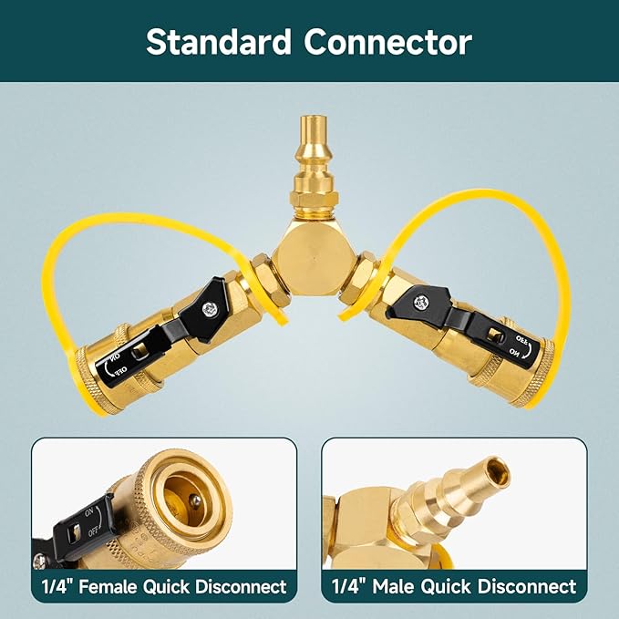 GASPRO 1/4" RV Propane Quick Connect Y Splitter Adapter with Shutoff Valve for RV, Camping Stoves, BBQ Grills, Gas Burners and More, 2 Way 1/4" Propane Rv Hose Splitter