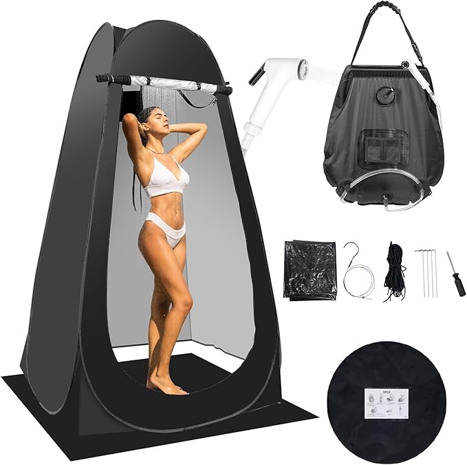 Portable Camping Privacy Tent, Outdoor Shower Tent Kit with 5 Gallon Shower Bag-(Nozzle Upgraded)